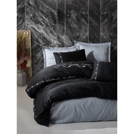 Lenjerie de pat Cotton Box Gloria Grey cu broderie negru și gri, bumbac satinat, 6 piese