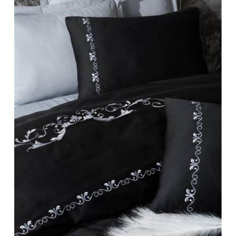 Lenjerie de pat Cotton Box Gloria Grey cu broderie negru și gri, bumbac satinat, 6 piese