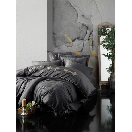 Lenjerii brodate de lux din satin, 6 piese, Cotton Box, King Anthracite