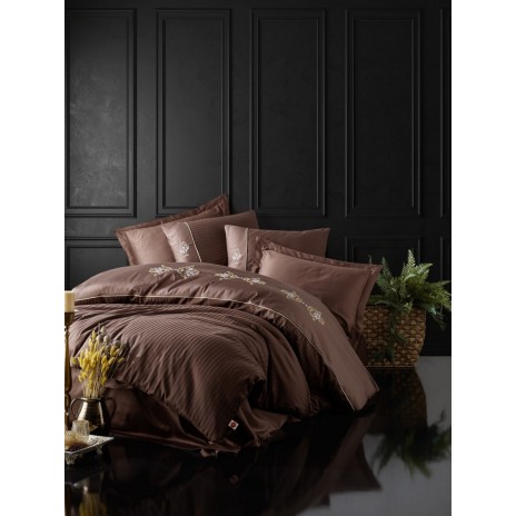 Lenjerie de pat King Brown bumbac satinat maro, broderie florală 3D, cusături decorative, 6 piese