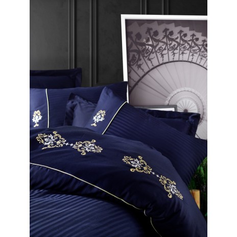 Lenjerie de pat satin de lux cu broderie, Cotton Box, King Dark Blue