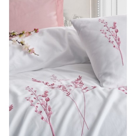 Lenjerie de pat Cotton Box Lisa Powder cu broderie florală alb și roz, bumbac satinat, 6 piese