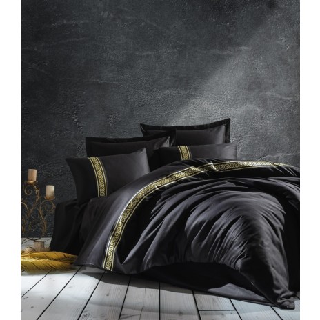 Lenjerie de pat satin negru cu broderie aurie, set lux Cotton Box