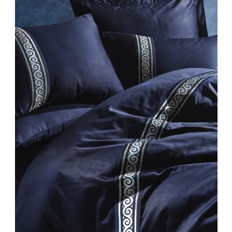 Lenjerie de pat satin de lux cu broderie, Cotton Box, Royal - Dark Blue