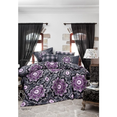 Lenjerie de pat bumbac 100% satinat Ralex Pucioasa Agora V2, negru-mov, design floral și geometric, 4 piese