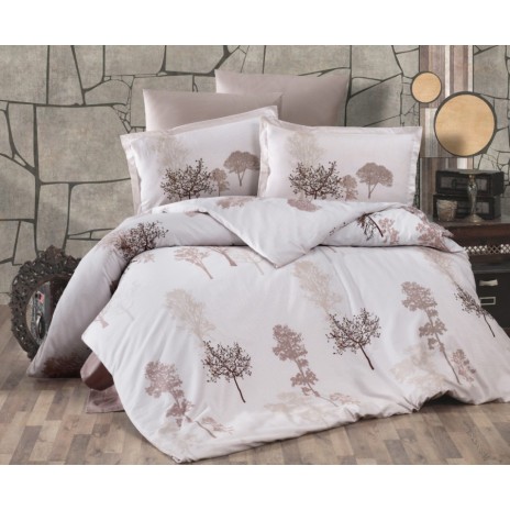 Lenjerie de pat Armada bumbac satinat bej și maro cu design elegant de copaci