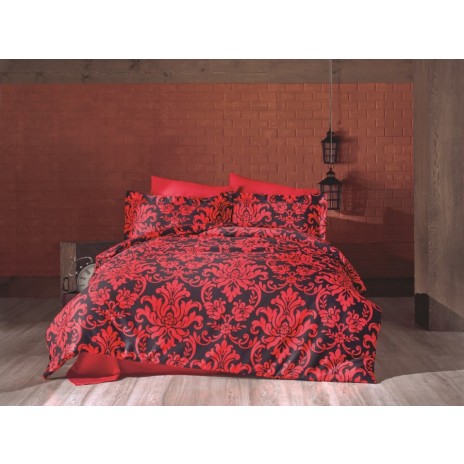 Lenjerie satinată din bumbac cu design damasc roșu-negru, 4 piese