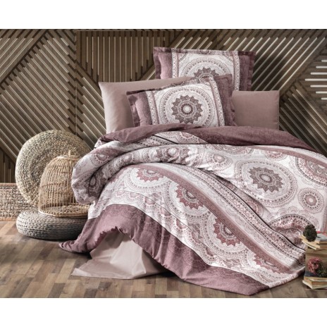Lenjerie de pat Carmela V2 bumbac satinat maro și alb cu design mandala și detalii intricate