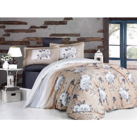 Lenjerie satinată din bumbac cu design floral bej-alb, 4 piese