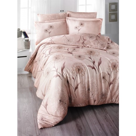 Lenjerie satinată din bumbac cu design floral păpădie roz pal-crem, 4 piese