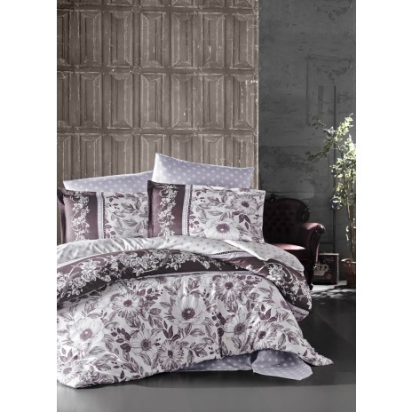 Lenjerie de pat Mocha mov și alb cu design floral din bumbac satinat
