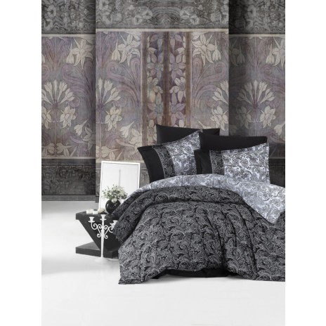Lenjerie de pat din satin de lux alb-negru cu model paisley