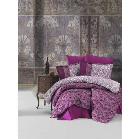 Lenjerie de pat din satin de lux mov-alb cu model paisley