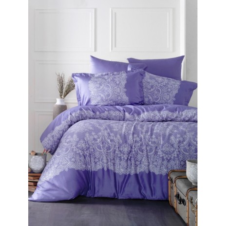 Lenjerie de pat Renda V1 bumbac satinat mov și alb cu design elegant de dantelă