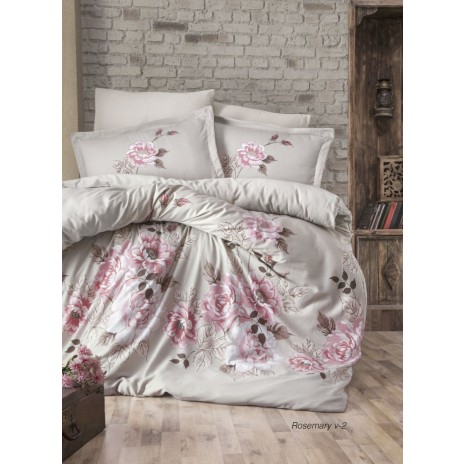 Lenjerie de pat din bumbac satinat Rosemary cu model flori roz pe fundal crem