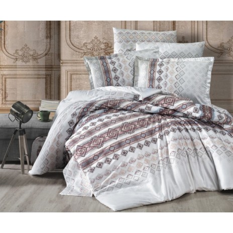 Lenjerie de pat Rumba bumbac satinat alb și maro cu design geometric sofisticat și detalii elegante