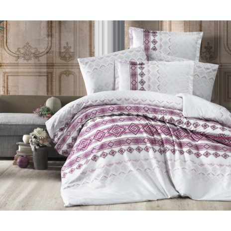 Lenjerie de pat Rumba V2 bumbac satinat alb și mov cu design geometric sofisticat și detalii elegante