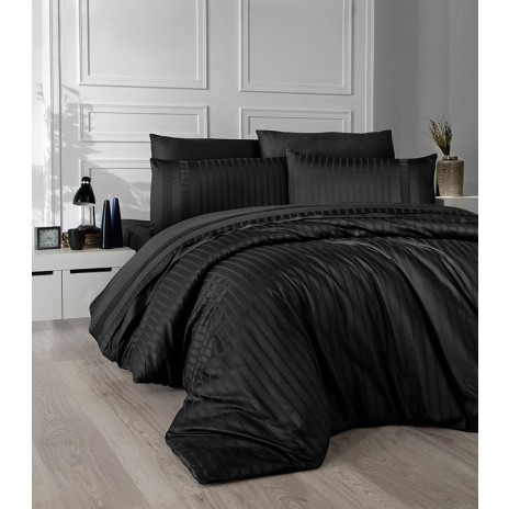Lenjerie de pat neagră cu dungi din bumbac satinat mercerizat, model Story Home New Trend Black, set 6 piese.