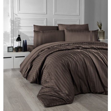 Lenjerie de pat maro cu dungi din bumbac satinat mercerizat, model Story Home New Trend Brown, set 6 piese.