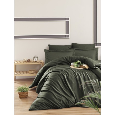 Lenjerie de pat Jacquard Story Home Snazzy Green verde închis, model uni, bumbac satinat, 6 piese