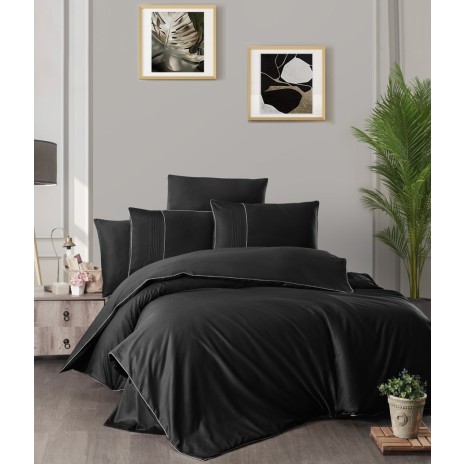 Lenjerie de pat dublu Story Home din bumbac satinat, culoare negru, set 6 piese, dungi discrete.
