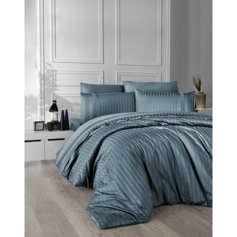 Lenjerie de pat Jacquard Story Home Stripe New Trend albastru, model cu dungi, bumbac satinat, 6 piese