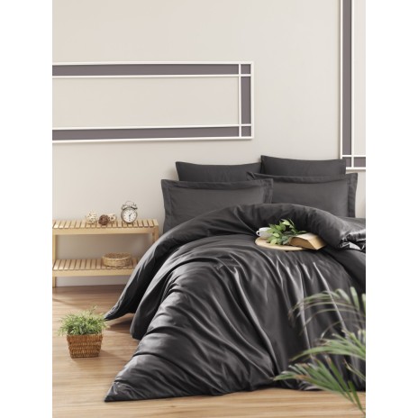 Lenjerie de pat Jacquard Story Home Stripe New Trend Blue Stone gri închis, model uni, bumbac satinat, 6 piese