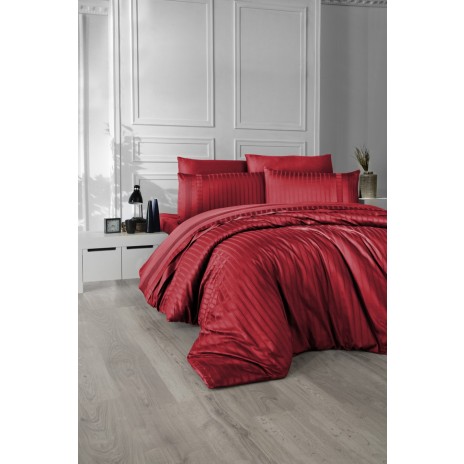 Lenjerie de pat roșie cu dungi din bumbac satinat mercerizat, model Story Home Stripe New Trend Red, set 6 piese.
