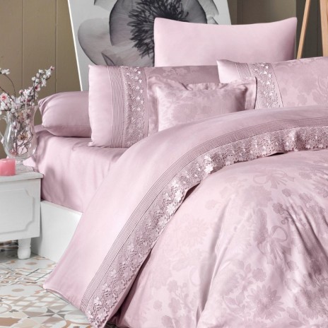 Lenjerie de pat satin de lux VIP Moonlight First Choice Buhara jacquard Roz Pudra cu dantela eleganta