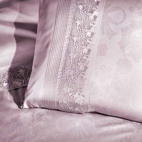 Lenjerie de pat satin de lux VIP Moonlight First Choice Buhara jacquard Roz Pudra cu dantela eleganta