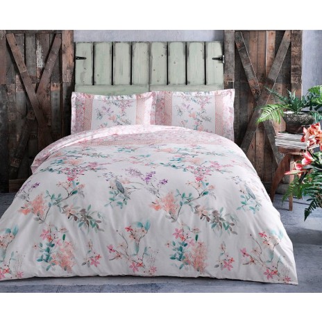 Lenjerie de pat TAC bumbac satinat alb cu design floral pastel în nuanțe de roz și verde