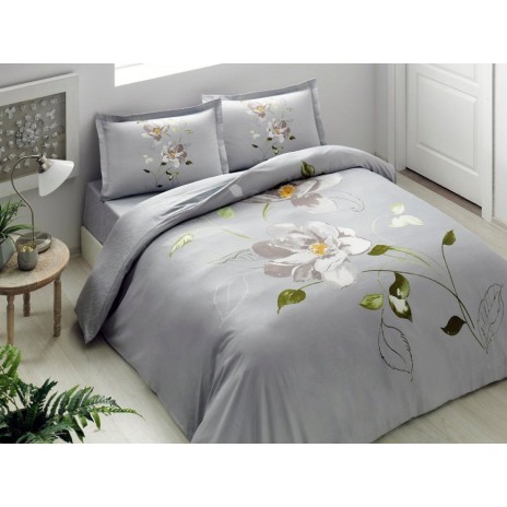 Lenjerie de pat TAC bumbac satinat gri deschis cu design floral delicat în tonuri de alb, verde și galben