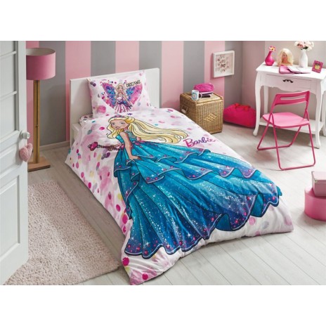Lenjerie de pat Disney Tac Barbie Dream, imprimeu albastru roz alb cu Barbie în rochie de bal, 3 piese, bumbac.