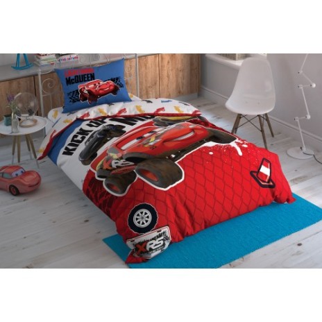 Lenjerie de pat pentru copii Disney Cars Adventure, imprimeu roșu alb albastru cu Lightning McQueen, 3 piese, bumbac 100%.