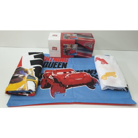 Lenjerie de pat pentru copii Disney Cars Adventure, imprimeu roșu alb albastru cu Lightning McQueen, 3 piese, bumbac 100%.