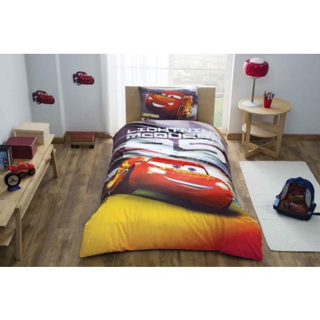 Lenjerie de pat Disney Tac Cars Lightning, imprimeu roșu galben negru cu Lightning McQueen, 3 piese, bumbac.