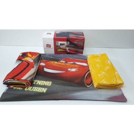 Lenjerie de pat Disney Tac Cars Lightning, imprimeu roșu galben negru cu Lightning McQueen, 3 piese, bumbac.