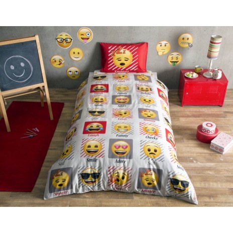 Lenjerie de pat Disney Tac Emoji, imprimeu galben roșu gri cu diverse emoticoane, 3 piese, bumbac.