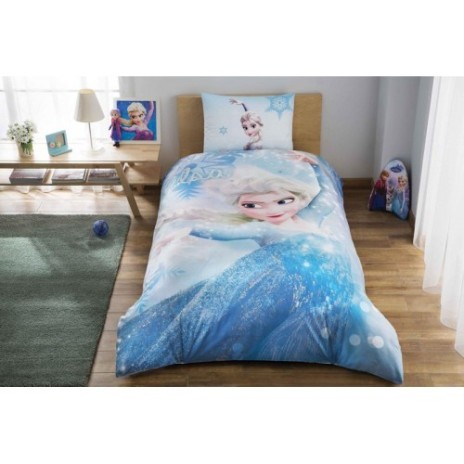Lenjerie de pat pentru copii Disney Frozen Glitter, imprimeu albastru alb cu Elsa, 3 piese, bumbac 100%.