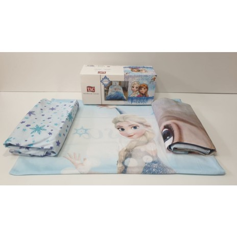 Lenjerie de pat pentru copii Disney Frozen Glitter, imprimeu albastru alb cu Elsa, 3 piese, bumbac 100%.