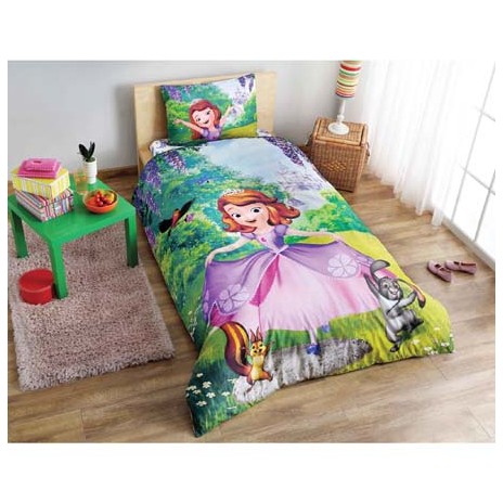 Lenjerie de pat Disney Tac Sofia the First, imprimeu colorat verde violet roz, Sofia și prietenii ei, 3 piese, bumbac.