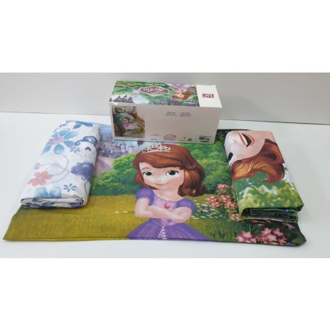 Lenjerie de pat Disney Tac Sofia the First, imprimeu colorat verde violet roz, Sofia și prietenii ei, 3 piese, bumbac.