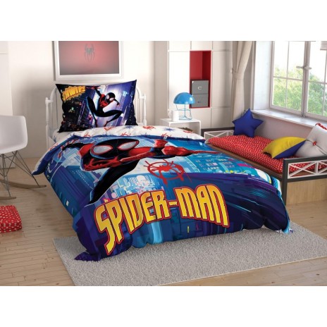 Lenjerie de pat pentru copii Disney Spiderman Skyscraper, imprimeu albastru roșu galben cu Spider-Man, 3 piese, bumbac 100%.