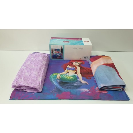 Lenjerie de pat Disney Tac Ariel, imprimeu subacvatic colorat, 3 piese, bumbac, albastru roșu, cearceaf elastic, fata perna, cearceaf pilota