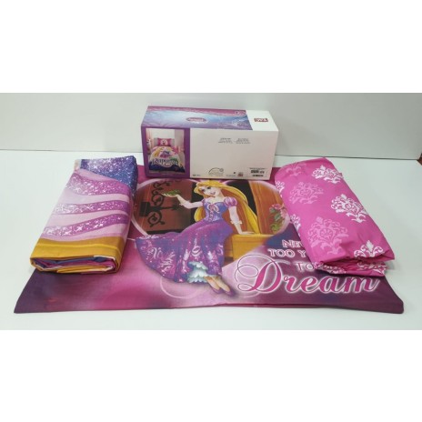 Lenjerie de pat Disney Tac Rapunzel, imprimeu colorat roz mov galben, 3 piese, bumbac, cearceaf elastic, fata perna, cearceaf pilota
