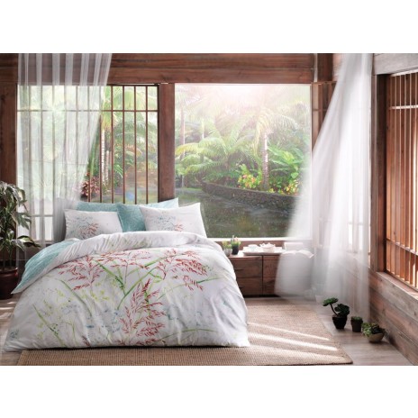 Set lenjerie de pat dublu Benicia Yeşil TAC din bumbac 100 % mako-satin, imprimeu botanical tropical verde-roșu pe fond alb, față reversibilă turcoaz