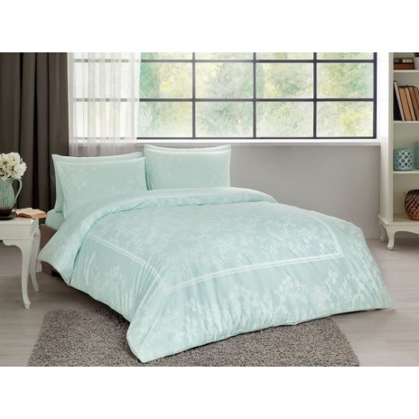 Lenjerie de pat din bumbac satin verde mentă cu broderie florală