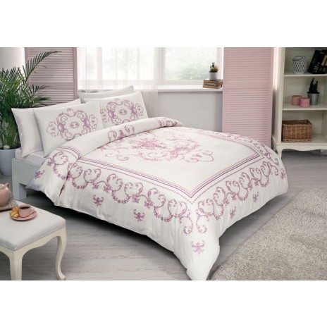 Lenjerie de pat Dora Pembe din satin alb cu broderii florale roz, set Tac