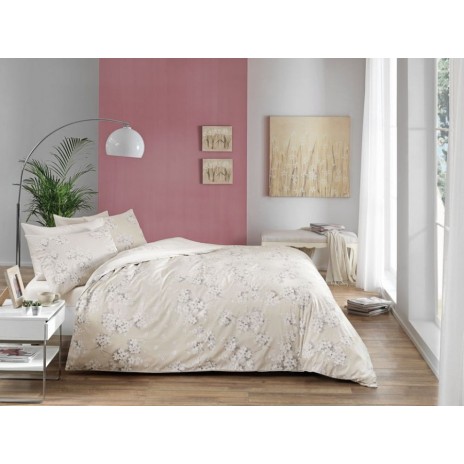 Lenjerie de pat Flora din satin bej cu design floral elegant, set Tac