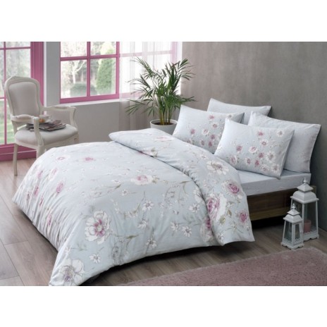 Lenjerie de pat Frances din satin bleu cu design floral romantic, set Tac